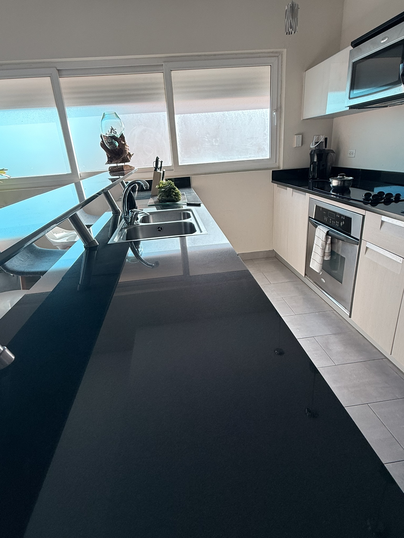 Kitchen with a marina view