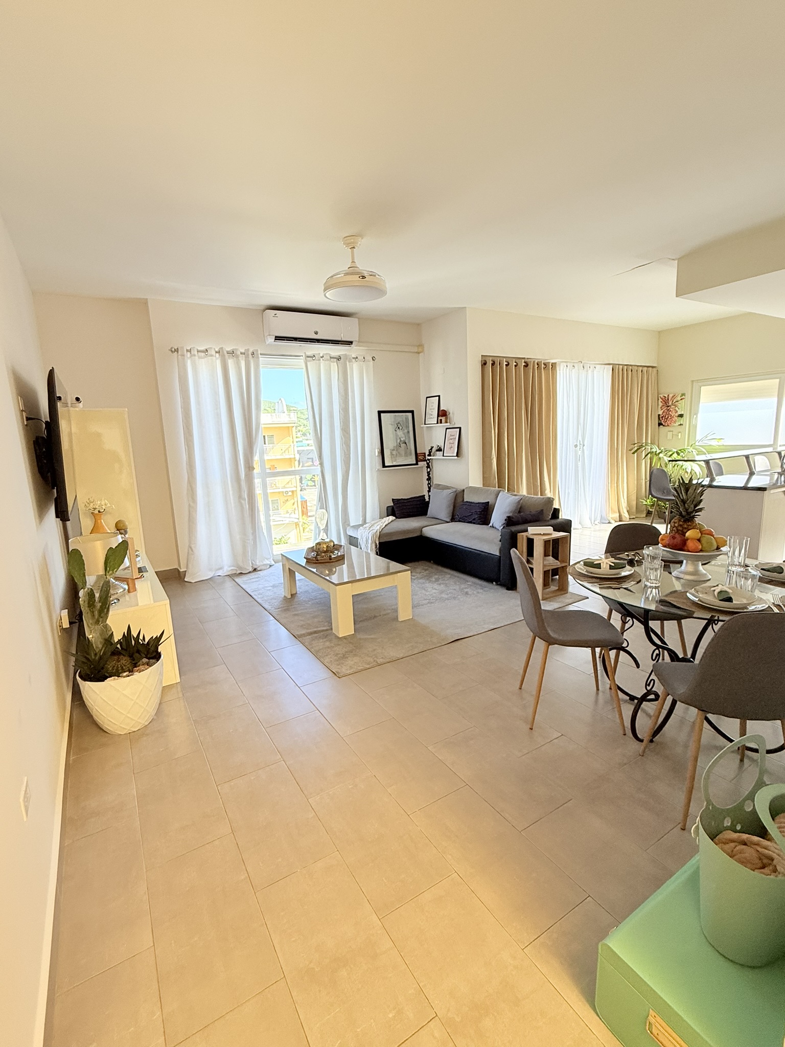 Full view of the open living, dining and kitchen space